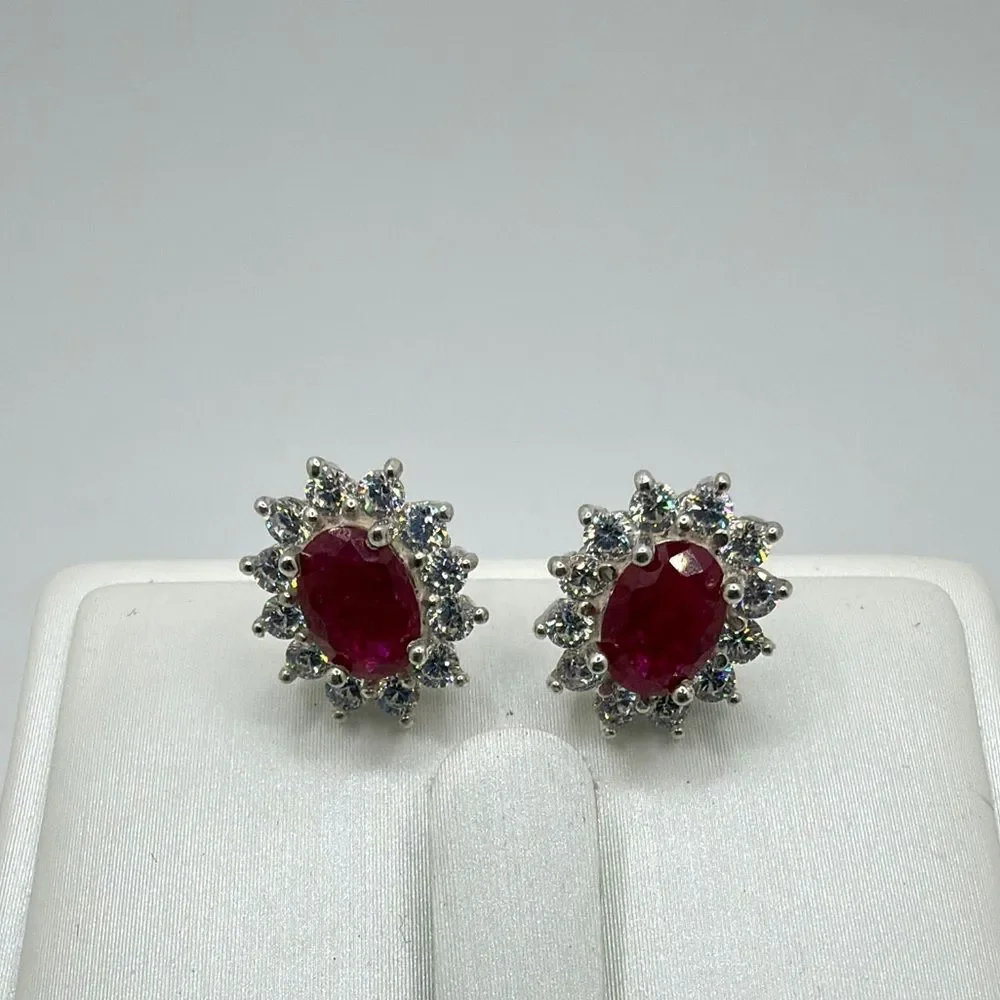 NWOT 5x7mm oval cut RUBIES w/ halo of cz‎ diamond stud earrings in 925!